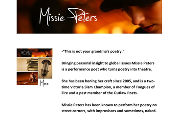 Performance poet Missie Peters.com <br/>Simple website with embedded video and flash audio player.<br/>Includes iPhone Design<br/><a href='http://www.missiepeters.com/'>View Site</a>